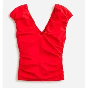 J Crew Ruched V Neck Top Large Red Stretch Blouse Tee Womens J.Crew